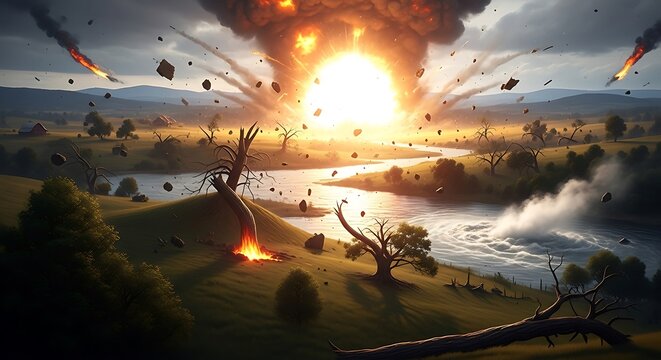 Apocalyptic landscape with explosion and fire.