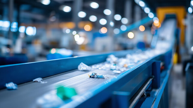 Waste sorting facility separating various types of refuse for recycling with conveyors carrying debris in a clean industrial processing environment. Defocused background. Waste