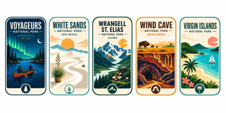 National Parks Vintage Travel Poster Collection Vector Illustration Set