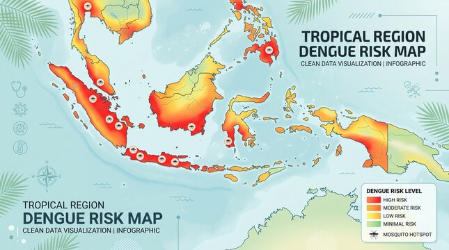Dengue fever risk heatmap illustration in tropical region, data visualization concept
