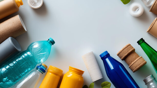 Floating mix of recyclable waste materials representing the variety of items that can be diverted from landfill through proper recycling. Floating recyclables, material variety,
