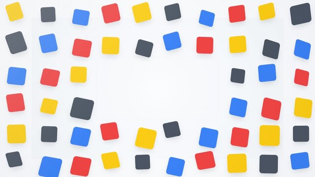 Colorful squares tumble across a clean white space
