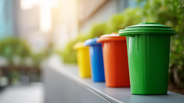 Colorful recycling bins against a wall representing waste sorting and environmental care in a clean outdoor or indoor setting. Defocused background. Colorful bins wall, waste