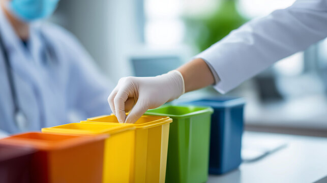 Faceless surgeon's hand in a white glove sorting medical waste into color-coded bins for proper disposal representing healthcare waste management and infection control. Defocused