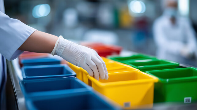 Faceless surgeon's hand in a white glove sorting medical waste into color-coded bins for proper disposal representing healthcare waste management and infection control. Defocused