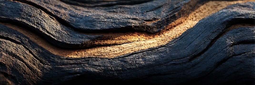 Charred wood texture displaying deep cracks and warm inner layers captured in a macro panoramic view for abstract design backgrounds and organic surface pattern inspiration