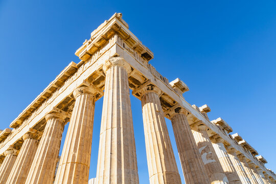 The Parthenon. A close-up of the Doric columns. Acropolis, Athens, Greece, Europe 