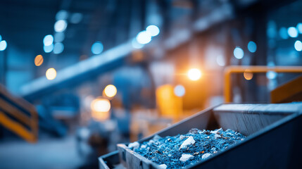 Fototapeta premium Review of a waste sorting plant workshop showing operational recycling processes and equipment. Defocused plant background. Waste sorting plant, workshop review, recycling