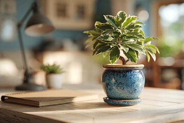 Fototapeta premium Indoor Plant on Wooden Desk. Potted green houseplant on wooden desk with notebook and lamp in modern interior. Home office decor concept
