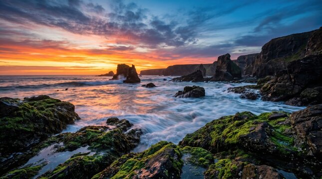 Ocean waves crash against mossy rocks during a vibrant sunset at the edge of the rugged coastline.