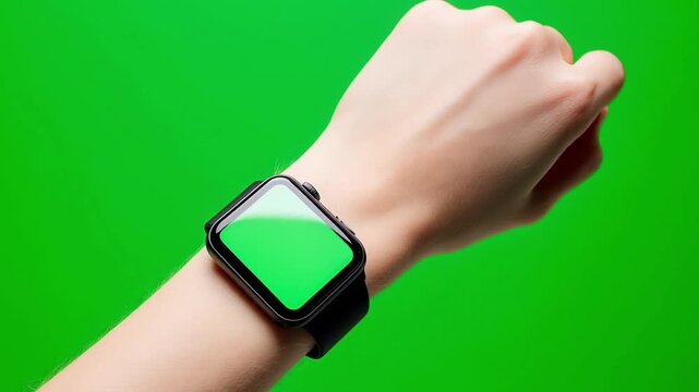 Close-up of a hand wearing a smartwatch with a blank green screen on a green background, ready for customization or keying