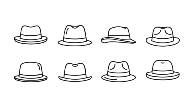 Collection of fedora hats in a simple line art style on a white background
