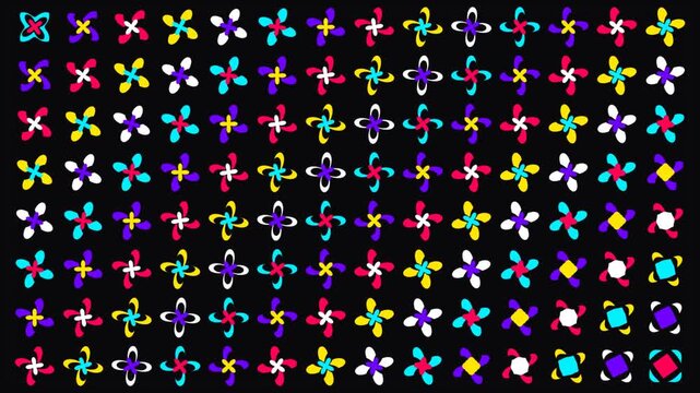 Bright circles and squares dance on black background