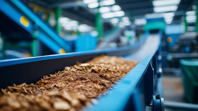 Automated conveyor lines sorting different fractions of waste and organic material for recycling in a modern waste management facility. Defocused factory background. Automated