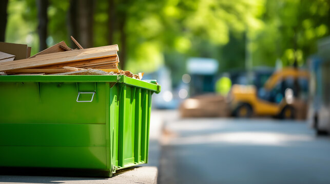 Green industrial dumpster filled with construction debris on a sunny day for a waste disposal and construction site management concept. Defocused background. Green dumpster,
