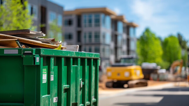 Green industrial dumpster filled with construction debris on a sunny day for a waste disposal and construction site management concept. Defocused background. Green dumpster,