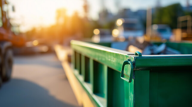 Green industrial dumpster filled with construction debris on a sunny day for a waste disposal and construction site management concept. Defocused background. Green dumpster,