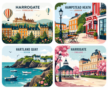 Harrogate Yorkshire cityscape with hot air balloon and spa architecture, vector illustration
