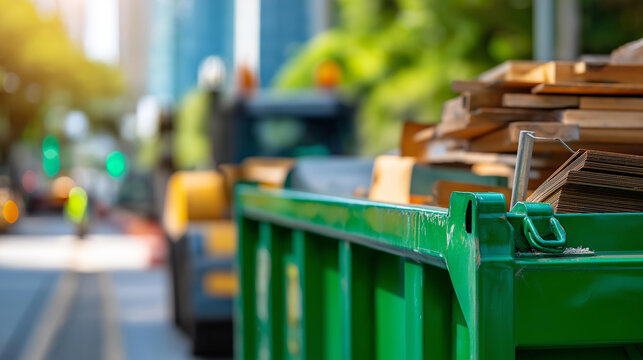 Green industrial dumpster filled with construction debris on a sunny day for a waste disposal and construction site management concept. Defocused background. Green dumpster,
