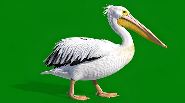 Majestic White Pelican Stands Proudly Against a Vibrant Green Background.