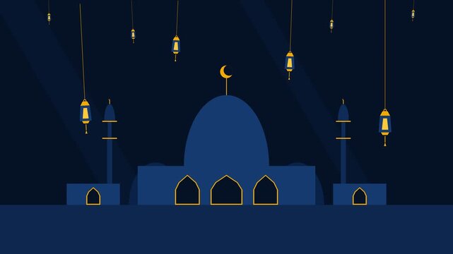 Dark sky frames glowing lanterns Blue mosque glows with golden trim