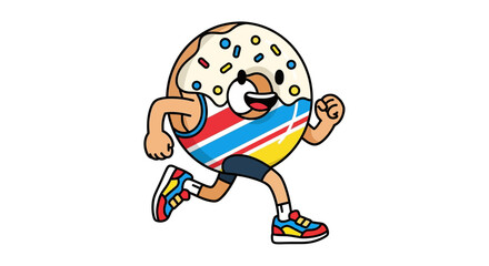Naklejka premium Cartoon Running Donut Character with Sprinkles and Sports Outfit