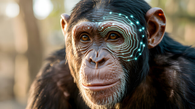 Digital neural network glowing on a chimpanzee face