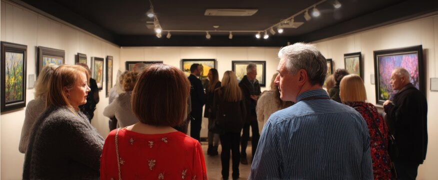 The vibrant art gallery exhibition opening showcases intrigued visitors admiring stunning paintings and sculptures.