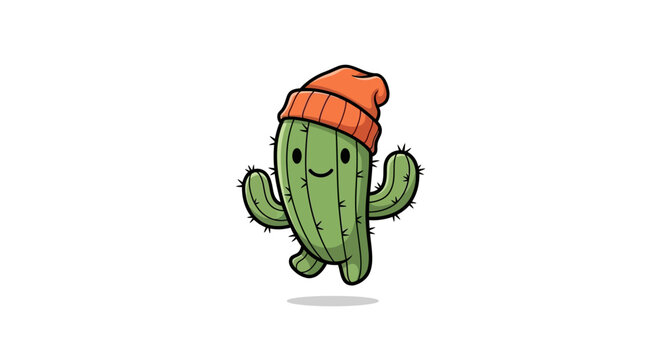 Cute cartoon cactus character wearing an orange beanie hat, dancing happily