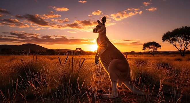 Kangaroo in Australian sunset landscape.