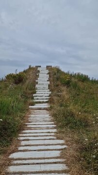 Concrete Steps on Coastal Dyke with Panoramic Wadden Sea Marsh View, Ribe