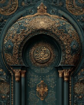 Arabic calligraphy poster in Thuluth style inside mosque arch with emerald and gold palette.