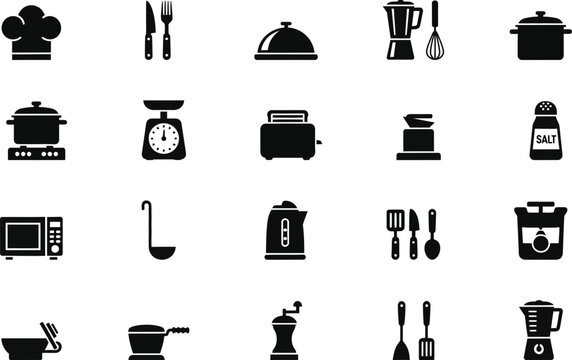Black silhouette icons of kitchen utensils and cooking appliances