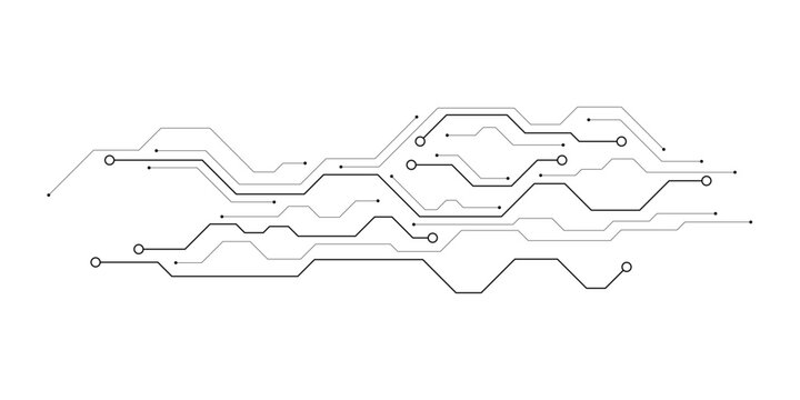 Abstract gray circuit board lines and dots forming a digital network pattern on a clean white background.
