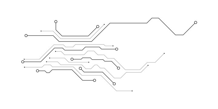 Abstract gray circuit board lines and dots forming a digital network pattern on a clean white background.