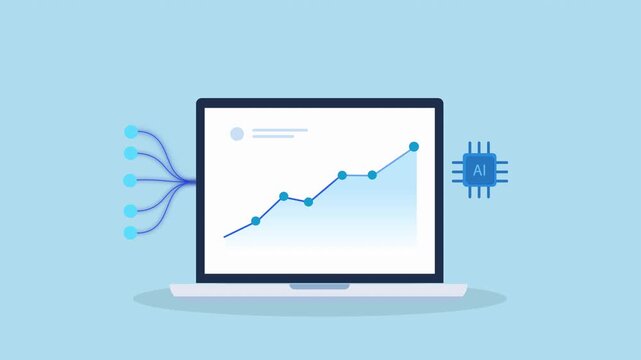 Minimal flat animation of a laptop displaying a rising data chart with incoming data lines and a processor chip icon, representing analytics, computing power, and high performance data processing.