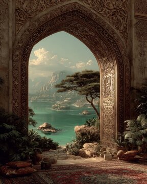Islamic arch window framing desert oasis landscape with elegant Thuluth script in sand tones.