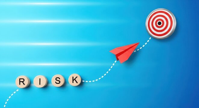 Risk management concept with paper airplane aiming at target on blue background