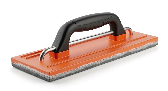 Orange trowel with black handle isolated on white background