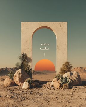 Minimalist desert palette poster with geometric border and bold Arabic typography for modern wall art.