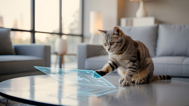 Curious cat interacting with futuristic holographic screen on coffee table