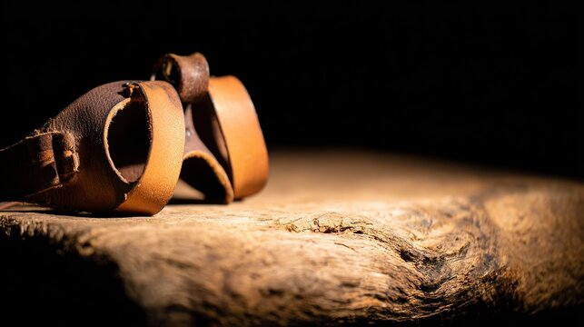 Tack detail: worn leather blinkers on a handmade wooden table. Warm side light emphasizes use marks and leather texture for nostalgic themes