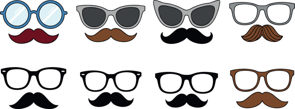 Glasses and mustache set vector illustration collection hipster fashion accessories with different styles isolated design pack