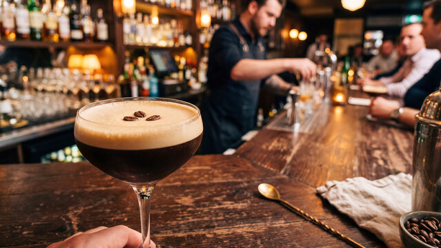 espresso martini cocktail on counter of busy bar with bartender preparing alcoholic drinks
