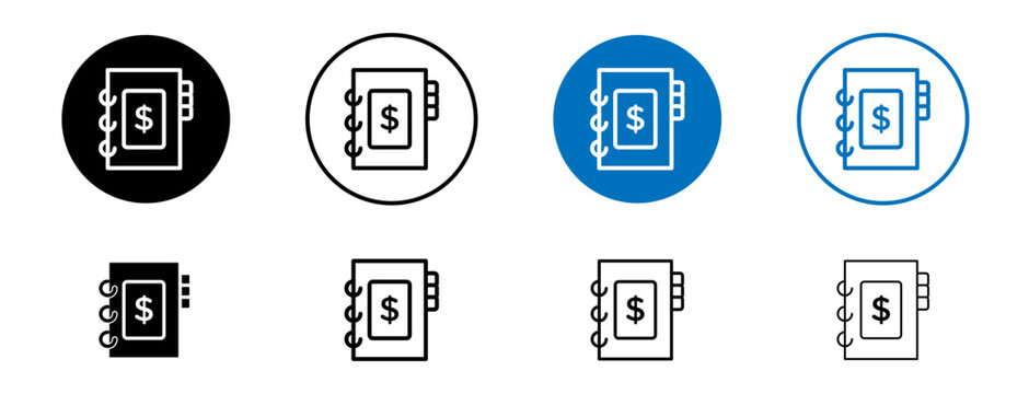 Financial log icons set in black and blue colors on white background