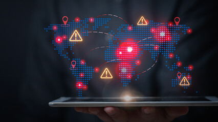 Serious businessman holding tablet showing global distribution network map with warning sign highlighting danger and urgent risk level © Piya W.