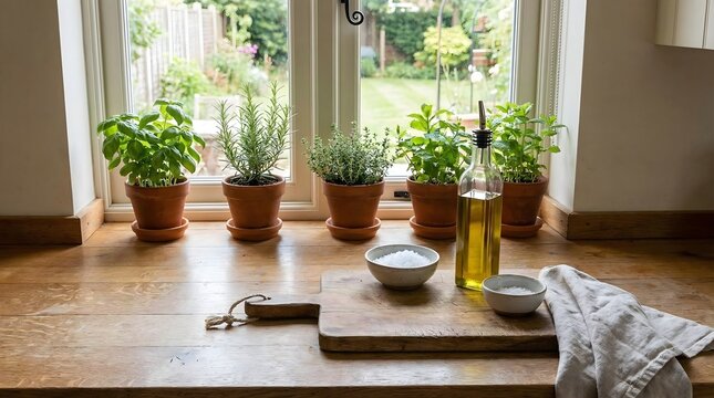 Rustic kitchen countertop with fresh potted herbs, wooden cutting board with olive oil and sea salt, cozy home cooking scene by window