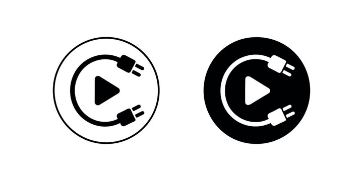 Black and white play button with electrical cord circular play media controls in white background