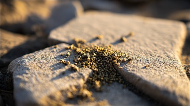 Dried grape pomace pieces scattered on sunlit stone. Golden outline on each fragment, shallow depth for rustic-industrial still life mood