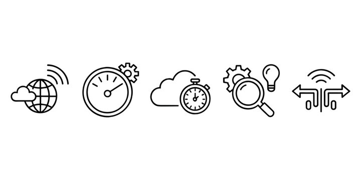 Black line of globe with cloud, stopwatch with gear, cloud with stopwatch, magnifying glass with gear and lightbulb, and arrows with signal